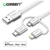 UGreen 50202 USB 2.0 to Micro USB+Lightning+Type C (3 in 1) Data Cable with Braid Sliver 1M