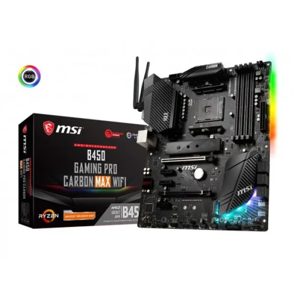MSI B450 Gaming Pro Carbon MAX Wifi ATX Motherboard showcasing advanced features and design