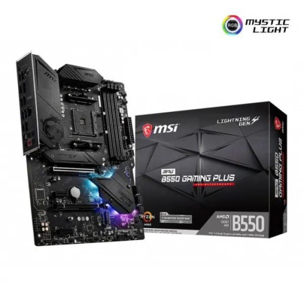 High-quality image of MSI MPG B550 Gaming Plus AM4 ATX Motherboard showcasing its features and design