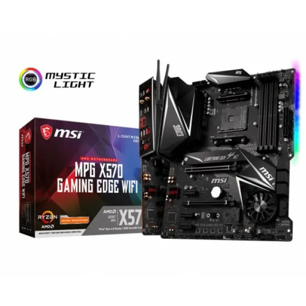 Image showcasing the MSI MPG X570 Gaming Edge Wi-Fi AM4 motherboard with its ports and features