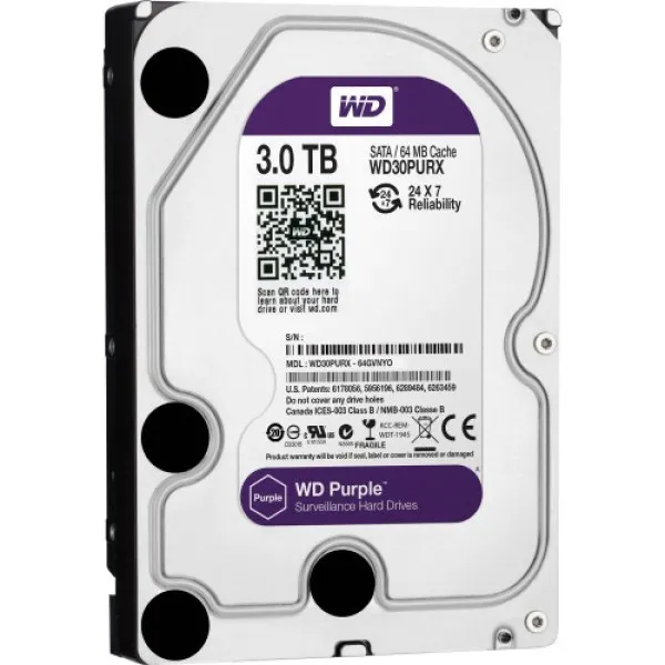 Western Digital 3TB Purple Surveillance HDD designed for high-performance video recording and security systems