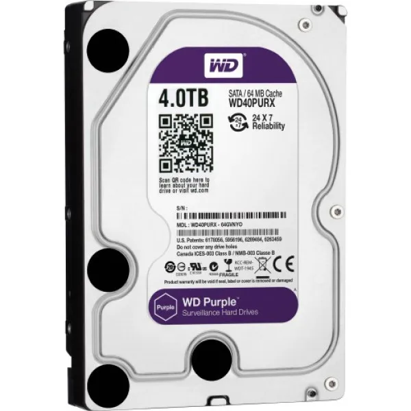 Western Digital 4TB Purple Surveillance HDD designed for 24/7 security monitoring and data storage