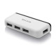 Belkin 4-port USB 2.0 travel hub showcasing its design and lighted indicator for easy usage