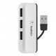 Belkin 4-port USB 2.0 travel hub showcasing its design and lighted indicator for easy usage
