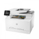 HP Color LaserJet Pro M283fdn printer showing sleek design and features including printing, scanning, copying, and faxing in a modern office setting