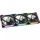 Lian Li UNI FAN SL120 RGB Black Cooling Fan 3 Pack displayed with RGB lighting showcasing its sleek design and features.