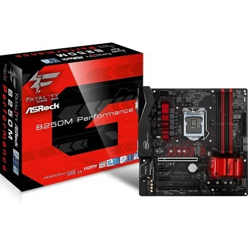 Asrock Fatal1ty B250M Performance Motherboard showcasing its ports and design for enhanced gaming experience