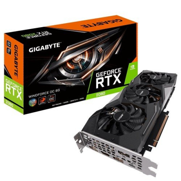 Gigabyte GeForce RTX 2080 WINDFORCE OC 8G GDDR6 graphics card showcasing advanced cooling technology and design