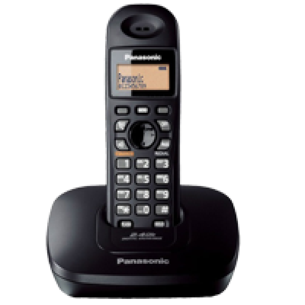 Panasonic KX-TG3411SX cordless black phone set displayed on a desk