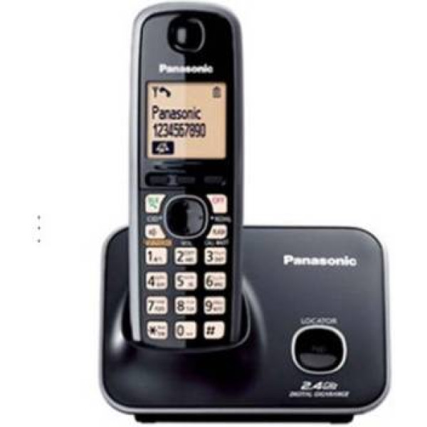Panasonic KX-TG3711SXN cordless phone set displayed on a desk, showcasing its sleek silver design and features.