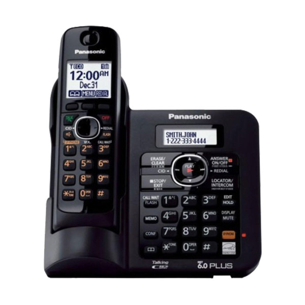 Panasonic KX-TG3821 Cordless Black Phone Set displayed on a table, showcasing design and features