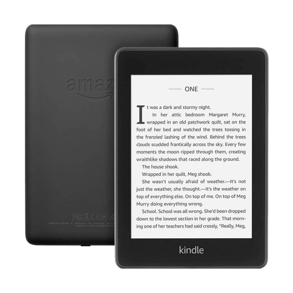 Amazon Kindle Paperwhite in white color, featuring 32GB storage and waterproof design for readers