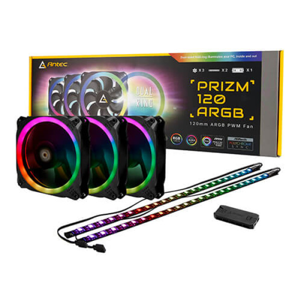 Antec Prizm 120 ARGB 3+2+C Cooling Fan showcasing vibrant lighting and efficient cooling design