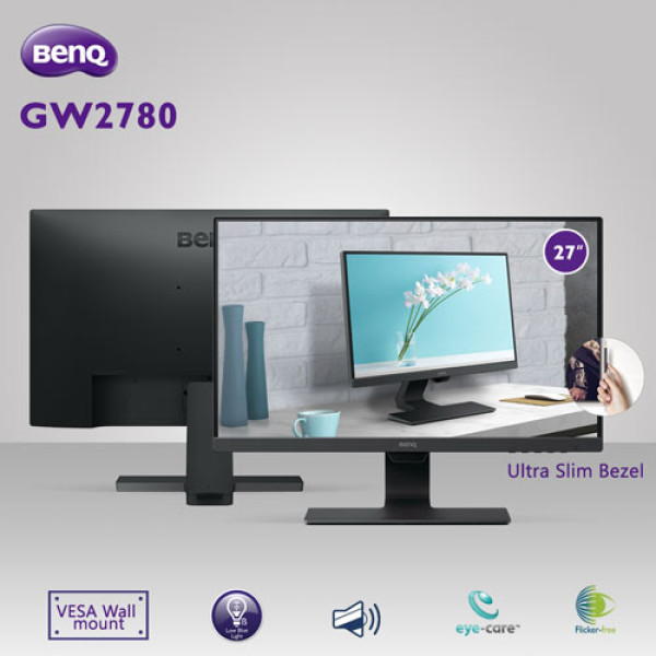 BenQ GW2780 monitor displayed in a modern workspace, showcasing its eye-care features and sleek design.