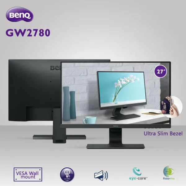 BenQ GW2780 monitor displayed in a modern workspace, showcasing its eye-care features and sleek design.
