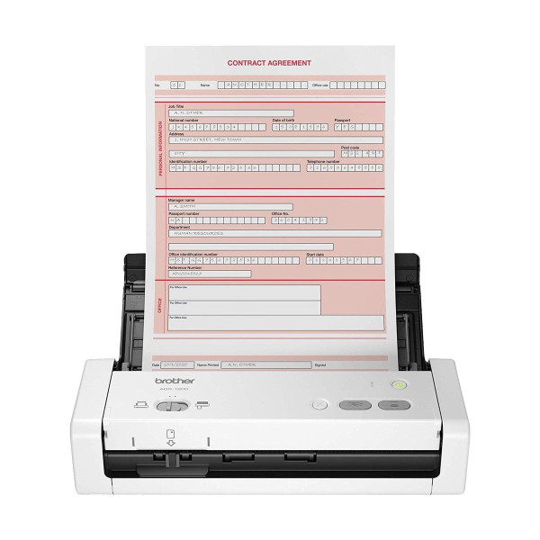 Brother ADS-1200 scanner showcasing its compact design and duplex scanning capabilities, ideal for any workspace.