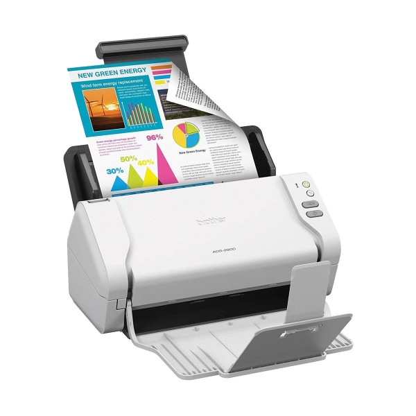 Brother ADS-2200 Desktop Color Sheetfed Scanner scanning documents efficiently in a modern office setup.