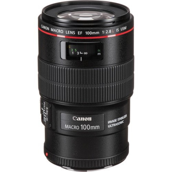 Canon EF 100mm f/2.8L IS USM Prime Lens displayed on a stand, showcasing its design and features.