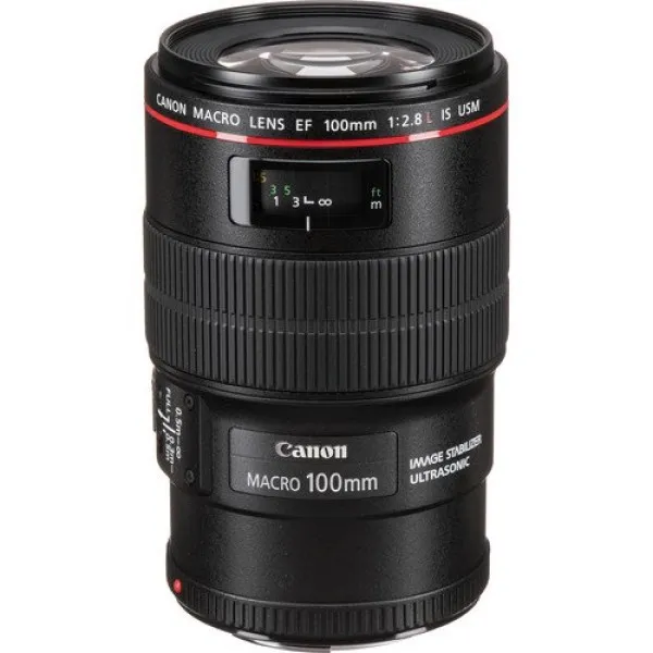 Canon EF 100mm f/2.8L IS USM Prime Lens displayed on a stand, showcasing its design and features.