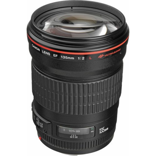 Canon EF 135mm f/2L USM Prime Lens showcased for high-quality photography, perfect for portraits and low light.