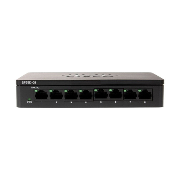 Cisco SF95D 08 8 Port 10/100 Desktop Switch showcasing multiple ports and compact design for efficient networking