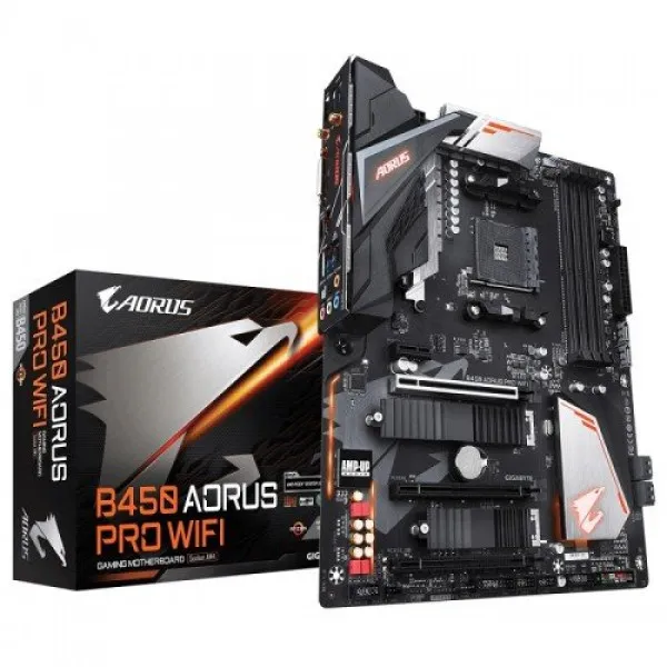 Gigabyte B450 AORUS PRO WIFI AMD ATX Motherboard showcasing ports and features for optimal performance
