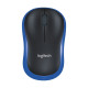Logitech M185 wireless mouse in blue color showing ergonomic design and wireless features for comfortable usage