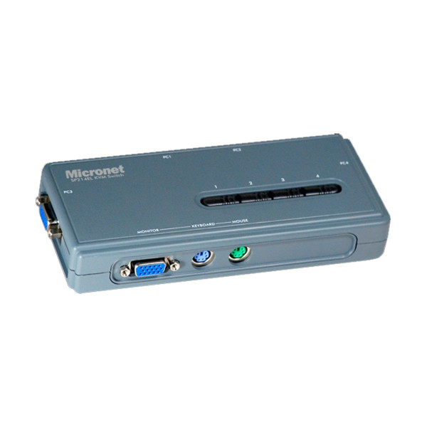 Micronet SP214EL 4 Port KVM Switch displayed on a desk, ideal for seamless computer control