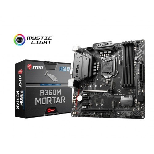 MSI B360M Mortar motherboard showcasing its features and design, perfect for 9th and 8th Gen Intel processors.