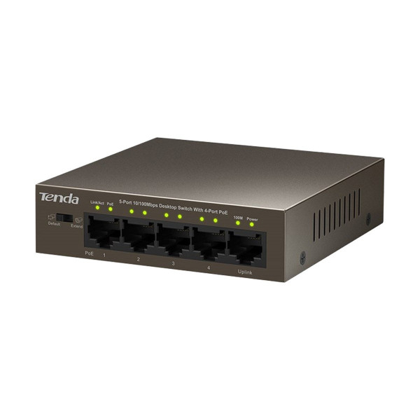 Tenda TEF1105P 5 Port Desktop 4 Port PoE Switch showcasing its design and ports for better network connectivity