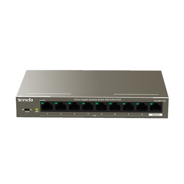 Tenda TEG1109P 9-Port Gigabit Desktop Switch showcasing its design and ports for enhanced network performance.