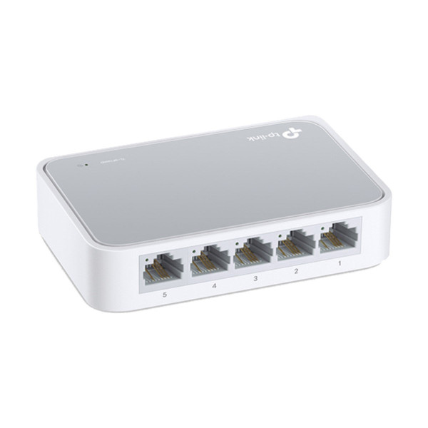 TP-Link SF1005D 5 Port Switch displayed on a desk, ideal for home and office networking solutions