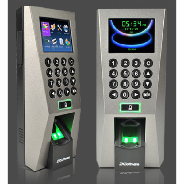 ZK F18 Access Control showcasing card and fingerprint scanning features in a modern office setting