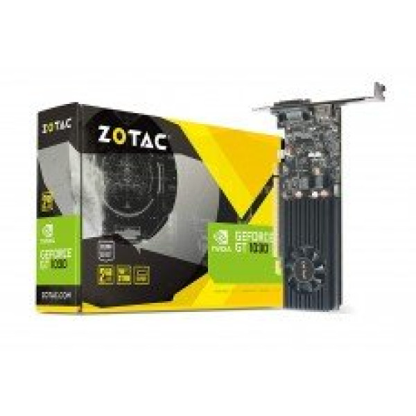 ZOTAC 2Gb DDR5 GeForce GT 1030 Graphics Card displayed on a wooden surface, showcasing its sleek design.