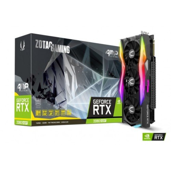 ZOTAC GAMING GeForce RTX 2080 SUPER AMP Extreme 8GB GDDR6 Graphics Card showcasing advanced cooling and performance.